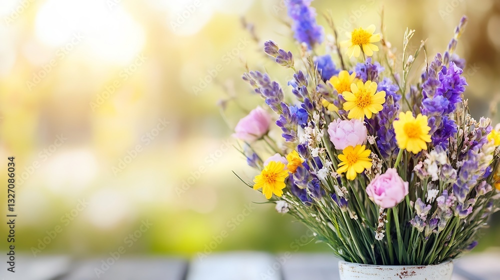 Poster beautifully arranged bouquet of vibrant flowers in a rustic pot catching sunlight creating a soft am