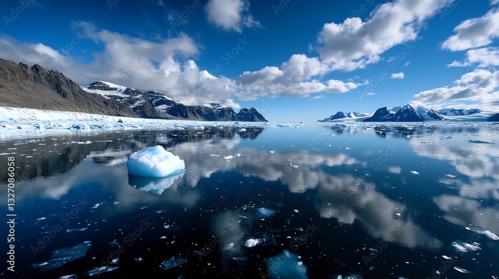 Poster Stunning view of floating icebergs in a calm Arctic fjord surrounded by majestic mountains : Generative AI