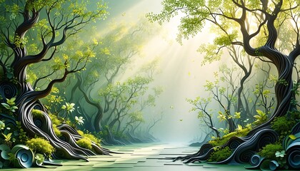 A serene and mystical forest landscape featuring a majestic tree with twisted roots and branches, surrounded by lush greenery.