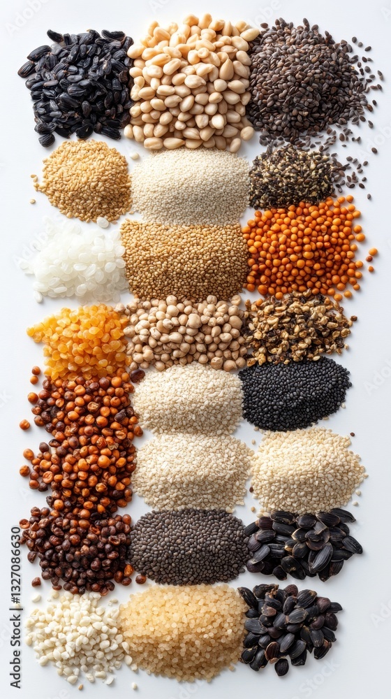 Poster diverse array of seeds and grains on white backdrop showcasing natural texture and color for culinar