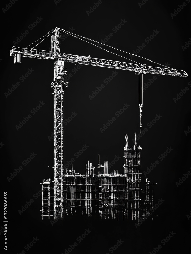 Poster Black and white photo of a building under construction with scaffolding and framework
