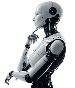 White robot stands in a thoughtful pose. Concept of artificial intelligence development.