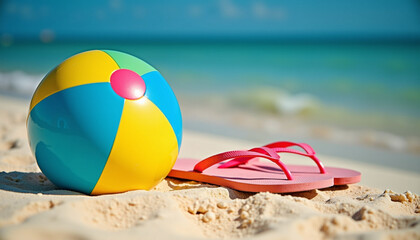 Obraz premium Colorful beach ball and flip-flops on sandy beach with ocean in the background