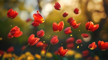 Fototapeta premium Flower petals floating in the air on a blurred background, spring concept, creating vibrant scene.