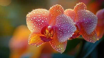 Dewy orange orchids, garden bokeh, sunrise, nature