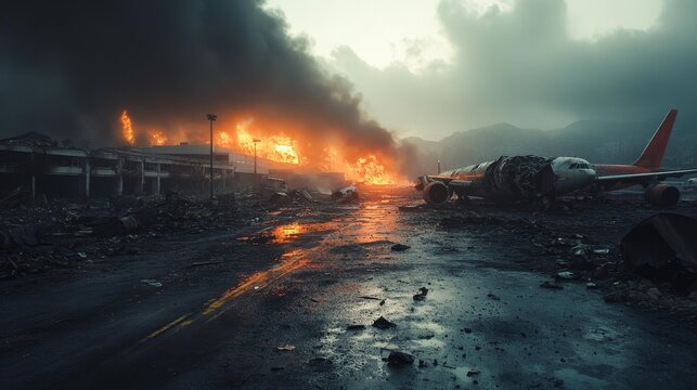 Desolate Airport Runway with Damaged Planes and Smoke from Ruined Terminal. Generative AI