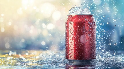 A can of carbonated soda with ice and bubbles rising to the surface, set against a summer background.