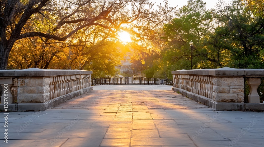 Poster beautiful sunset setting over bridge surrounded by vibrant autumn foliage and trees : generative ai