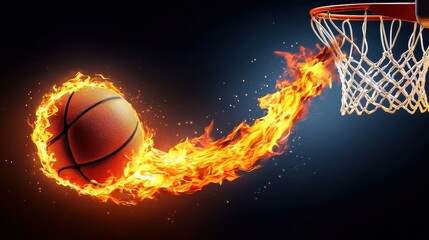 Fototapeta premium A dynamic basketball logo featuring a flaming ball swishing through the hoop, symbolizing energy and motion.