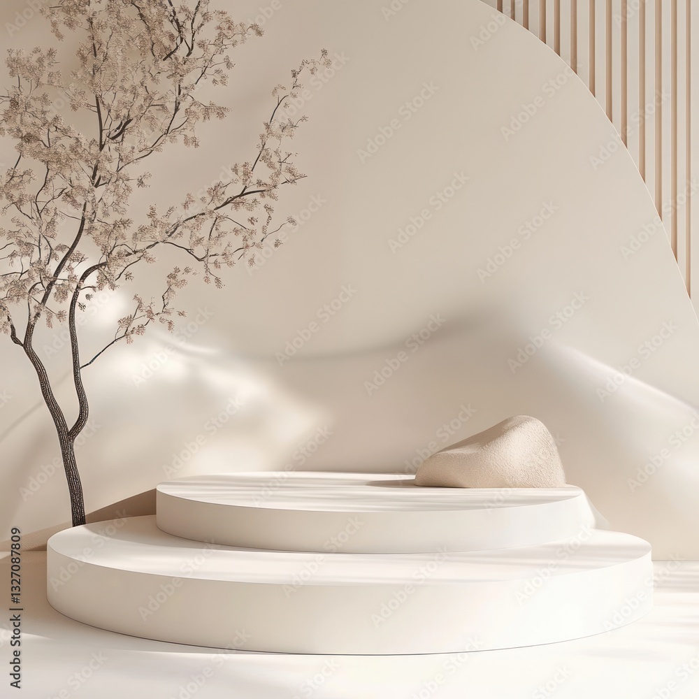 Poster elegant minimal stage with blossom tree and soft stone for product showcase in bright ambient light