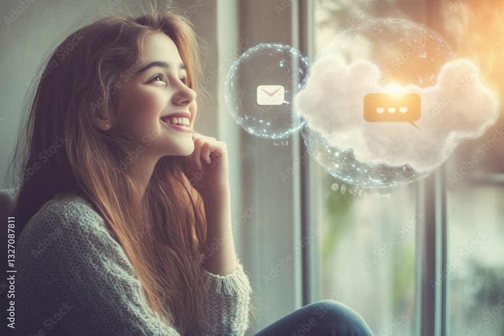 Poster a woman sits in front of an open window, lost in thought as she gazes out at a fluffy cloud
