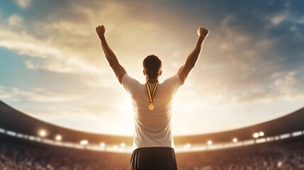 Triumph in the Arena: An athlete basks in victory, arms raised high in the stadium, gold medal gleaming, a symbol of achievement. Capturing the spirit of triumph, perseverance, and glory.