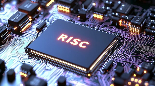 close-up of a RISC architecture processor with a glowing "RISC" text embedded on the chip, illuminated by LED lights from the surrounding circuitry. "RISC" RISC processor, glowing RISC text, 