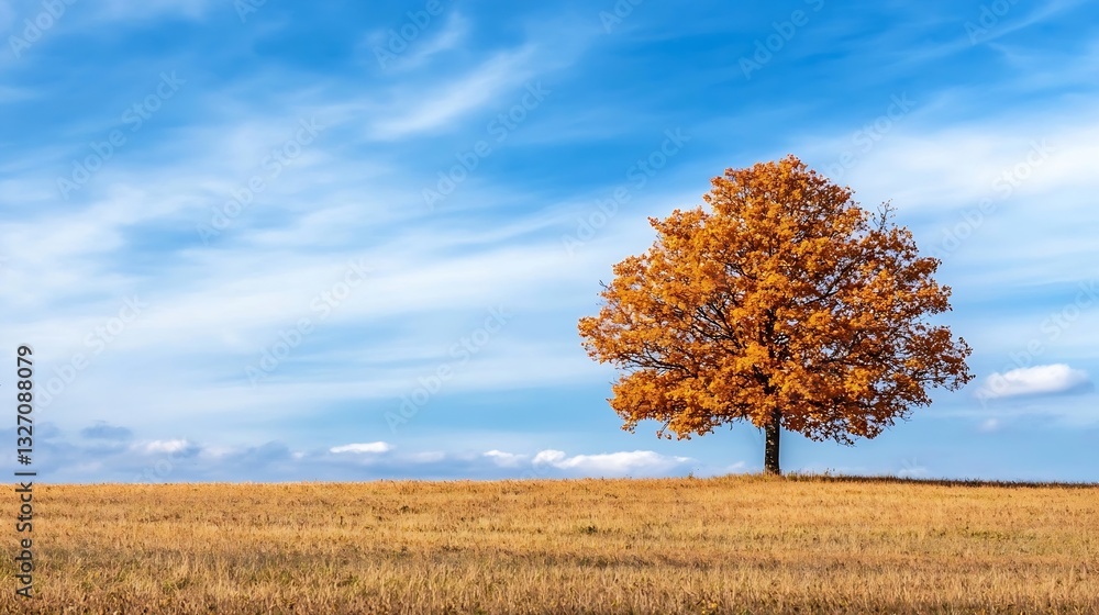 Poster lonely autumn tree standing in a golden field under a beautiful blue sky : generative ai