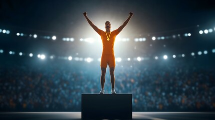 Golden Victory Podium: An athlete stands proudly atop the podium, arms raised in triumph, adorned with a gold medal, spotlighted in an arena filled with an enthusiastic crowd.