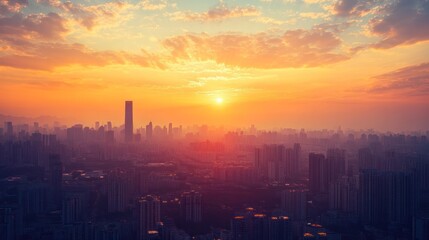 Warm Sunset Over City Skyscrapers, Embracing Tranquility in Urban Life