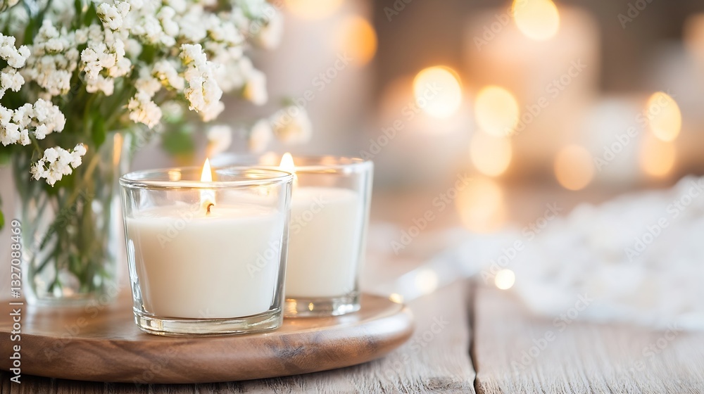 Leinwandbilder Elegant display of lit candles surrounded by delicate flowers creating a warm and inviting ambiance for relaxation : Generative AI