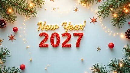 2027 new year background with christmas tree. Stylish New Year background, decorated with gold and red numbers.