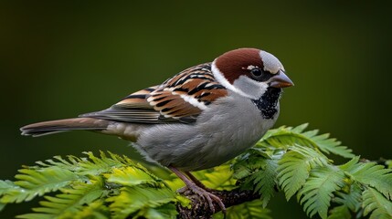 Fototapeta premium Close-up of Eurasian Sparrow perched on fern foliage, blurred green background
