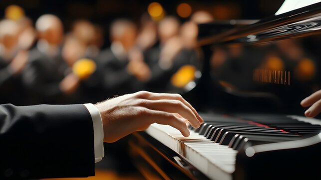 Melody in the Making: The pianist's hands dance across the keys, as the music floats through the air. The orchestra looks forward to the performance.
