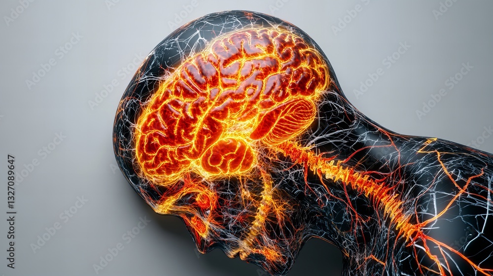 Poster intricate 3d rendering of a human head showcasing a glowing brain and neural pathways.
