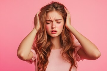 Fototapeta premium A woman holds her hand in front of her face, possibly in response to discomfort or emotional distress