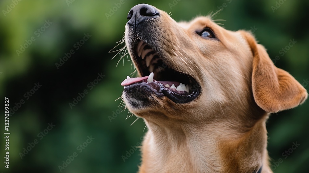 Aufkleber friendly golden retriever dog looking up with a joyful expression against a blurred green background