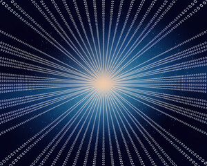 Abstract digital background with radiating lines of binary code converging at a central point, symbolizing data flow or network connection
