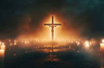 Naklejka premium Illuminated Cross Silhouette Amidst Candles in Dark Setting