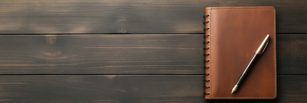 Brown notebook with pen on wooden table, top view, flat lay composition