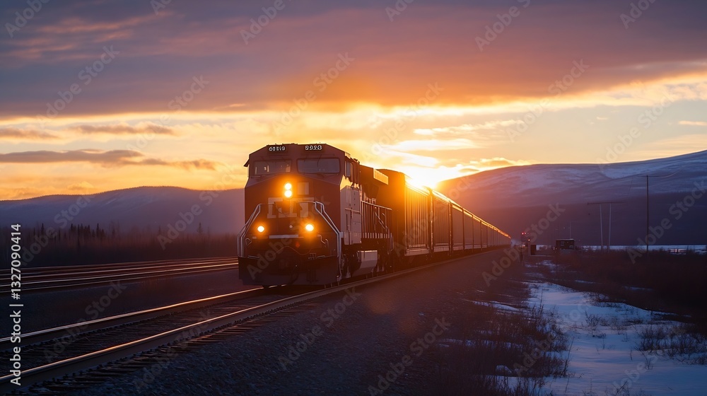 Poster dramatic sunset over the railway with a train traveling through scenic mountains and glowing skies :