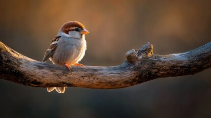 Fototapeta premium Sparrow perched on branch, golden hour sunlight, natural setting