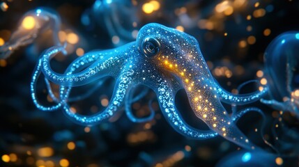 Obraz premium Glowing Octopus in Abstract Underwater Scene