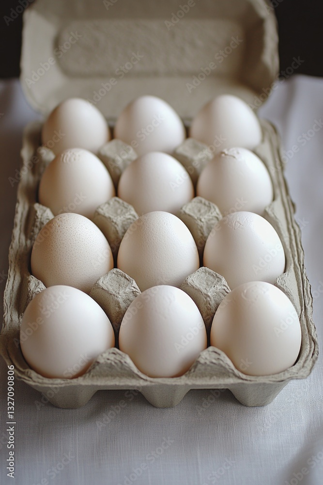 Poster A dozen eggs packed tightly in a carton sit on a table, ready to be used or stored