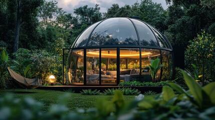 Fototapeta premium Tranquil Glass Dome Retreat in Lush Forest
