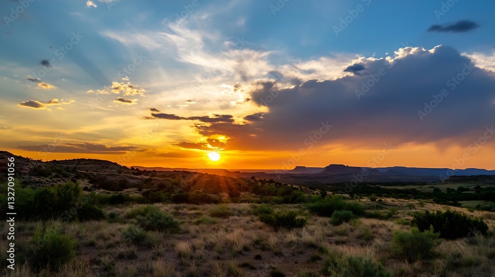 Aufkleber captivating sunset over tranquil landscape with fields and mountains in the distance : generative ai