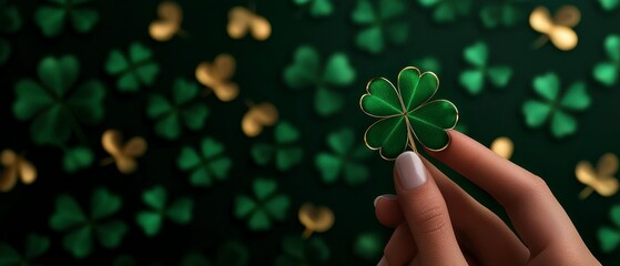 Hand Holding a Lucky Shamrock Among Golden and Green Clovers Background for St Patricks Day