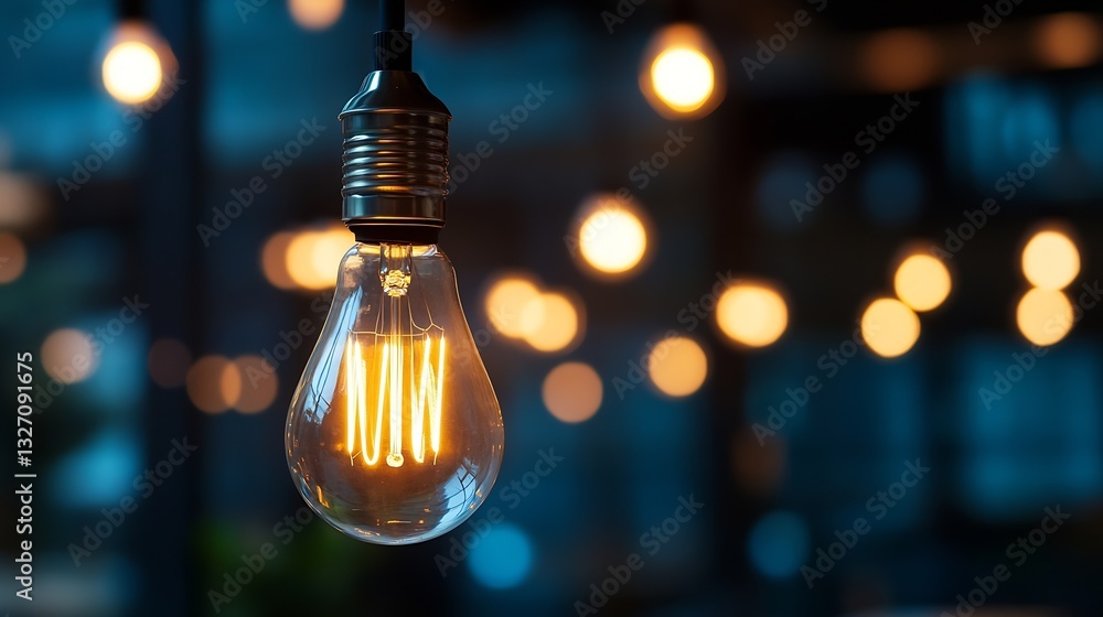 Poster Vintage light bulb illuminating a cozy environment with soft bokeh lights creating a warm atmospheric glow : Generative AI