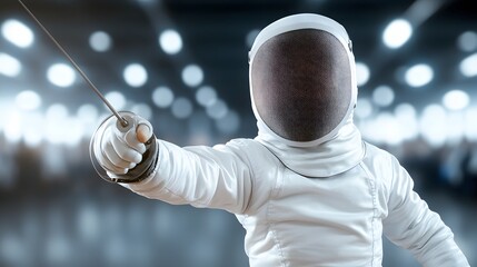Fencer in Action: A determined fencer poised for competition, clad in pristine white, blade extended, ready to engage in a dynamic display of skill and strategy. 
