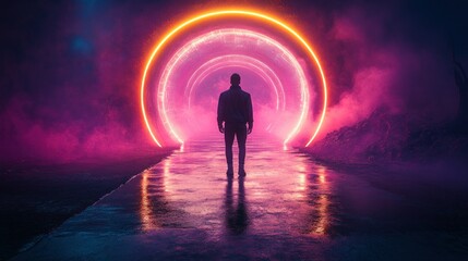 A solitary figure on a path, neon rings, futuristic