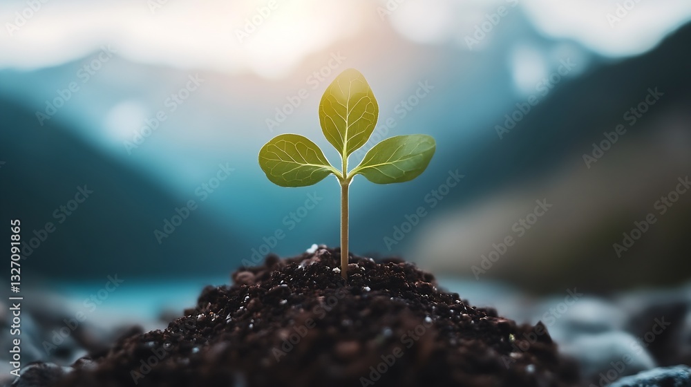 Poster vibrant green seedling sprouting from nutrientrich dark soil with a beautiful blurred landscape in t
