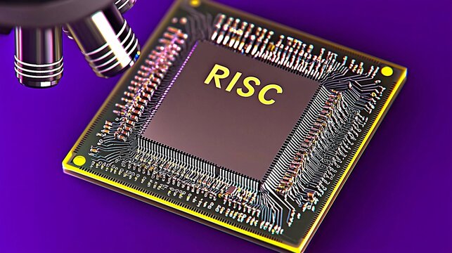 shot of a RISC CPU being inspected under a microscope, revealing its intricate design and fine details of the microprocessor's components. "RISC" RISC CPU, microscope inspection, processor design, 