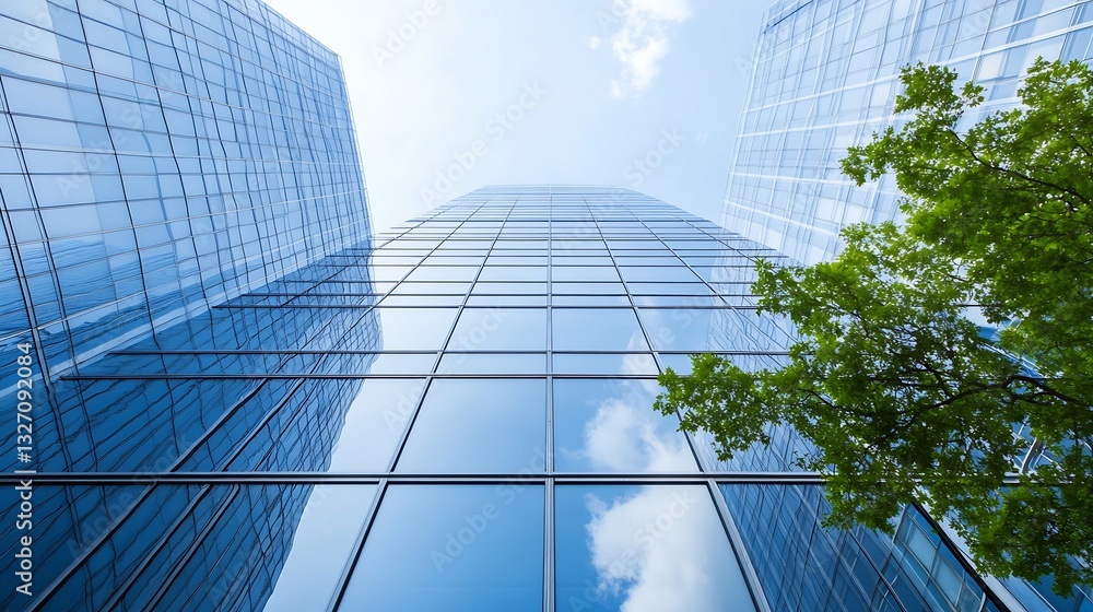 Poster Skyward perspective of modern glass skyscrapers reflecting clouds and green trees in urban setting : Generative AI