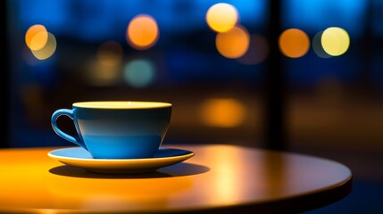 A serene blue coffee cup sits on a wooden table, illuminated by soft evening light in a cozy café