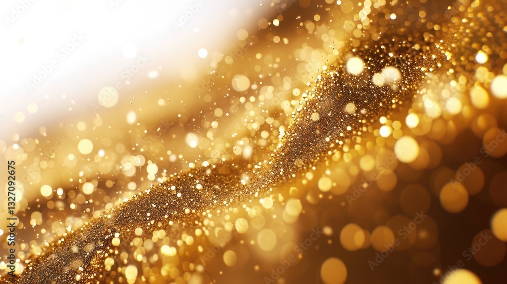 Poster a mesmerizing display of golden particles shimmering against a soft white background, perfect for ad