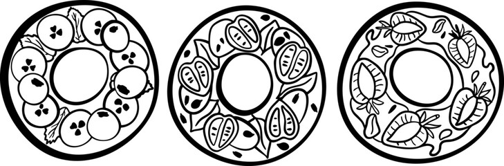 Bagels set, line icon vector collection. Top view. Isolated on white concept illustration. Bakery collection in doodle style. Fresh sweet donuts and donuts with vegetables.