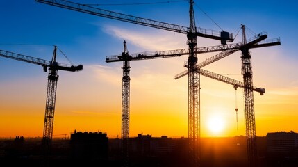 Silhouetted construction cranes against a vibrant sunset skyline in an urban setting