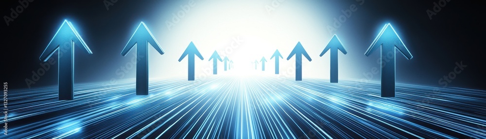 Poster a futuristic scene with glowing blue arrows pointing upward against a digital backdrop, symbolizing 