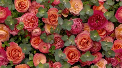 Naklejka premium Eucalyptus and peach ranunculus, pink roses
