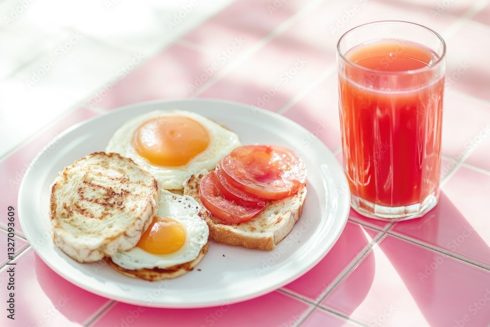 Poster a plate with assorted food and a glass of refreshing juice